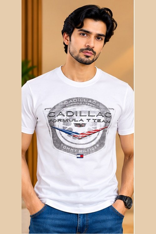T | H White Racing Graphic Print Round Neck T-Shirt