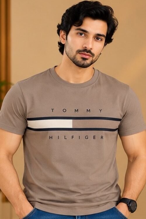 T | H Taupe Brown Striped Graphic Round Neck T-Shirt