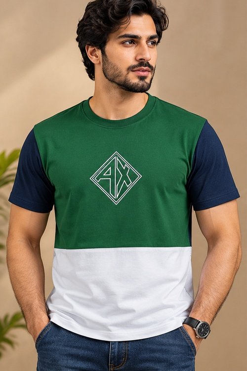 A | X Green, White & Navy Blue T-Shirt