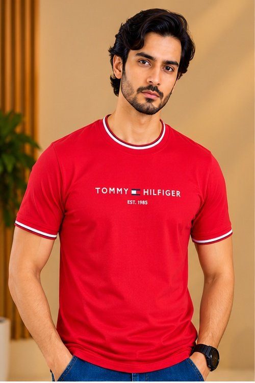 T | H Red T-Shirt with Contrast Stripe Detailing