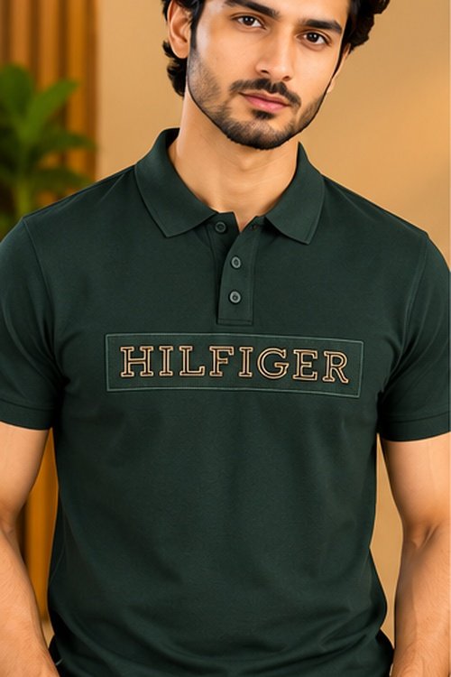 T | H Dark Green Polo T-Shirt with Golden Chest Logo Print