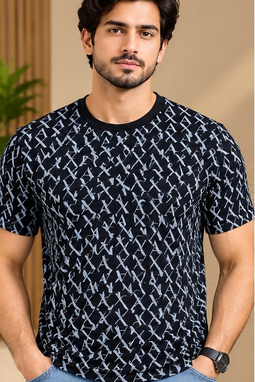 A | X Black Abstract All-Over Print Round Neck T-Shirt